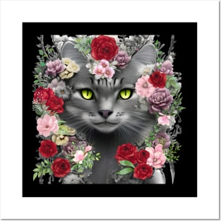 Beautiful Floral Gray Cat Posters and Art